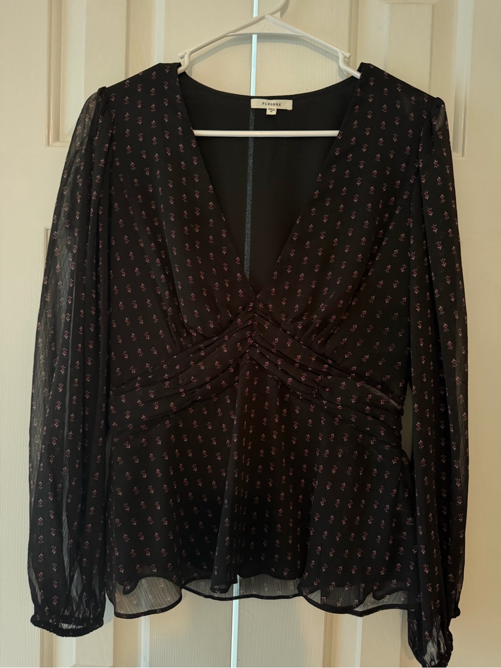 Pleione Black Sheer V-Neck Blouse with Pink Micro Floral Print